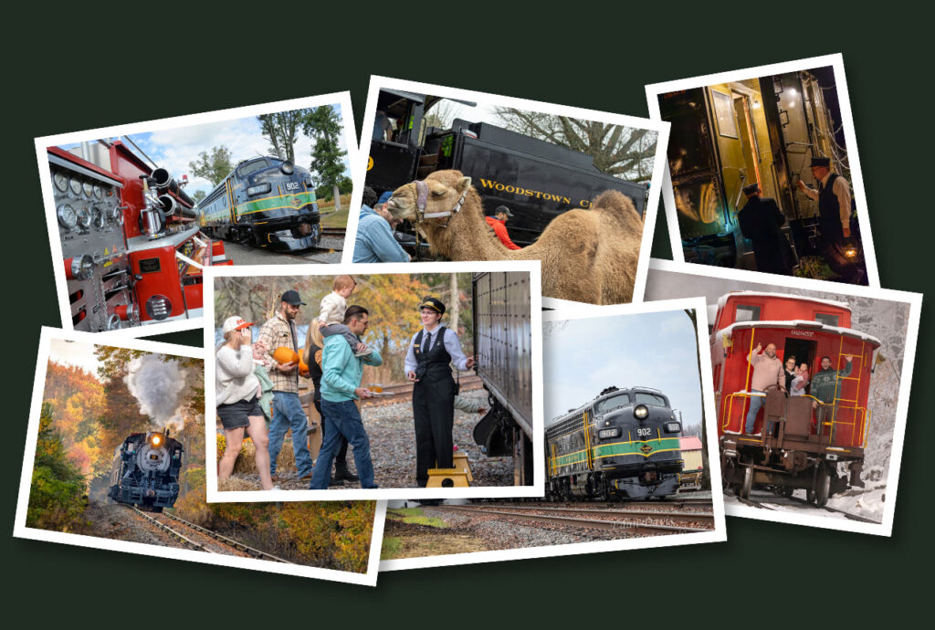 Collage of Woodstown Central Railroad experiences, including vintage trains, family excursions, a camel encounter, and a snowy caboose ride.