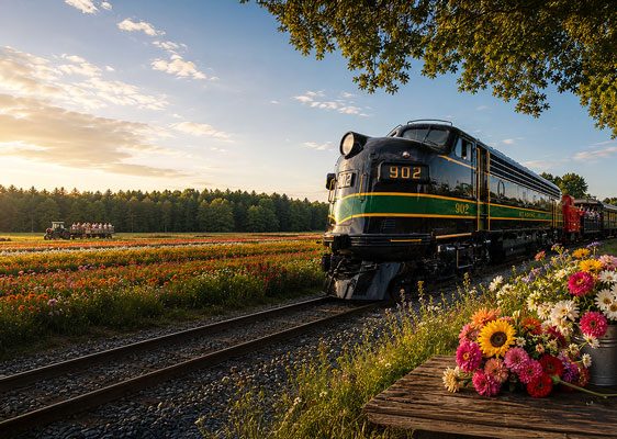 Woodstown Central Railroad train passing colorful flower fields at sunset.