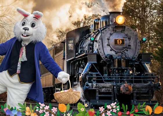 East bunny express featured image. Easter bunny on left and train on right with flowers at the bottom.