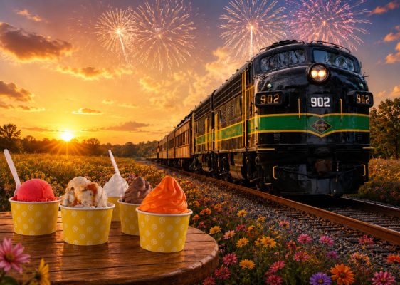 Woodstown Central Railroad train passes through a flower field at sunset with fireworks overhead and ice cream in the foreground.