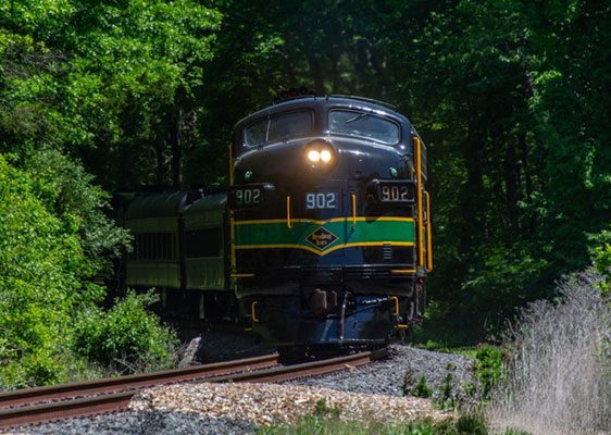 Image of train moving through the woods. Lush green trees and a locomotive. Featured image for the evening rambler