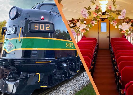 Reading Blue Mountain & Northern locomotive 902 beside a decorated passenger car interior with red seats and hanging floral arrangements.