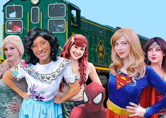 Image of different super characters and princesses with image of train in the behind them