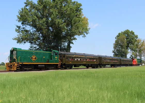 Scenic rambler image rolling down the track with green grass and trees