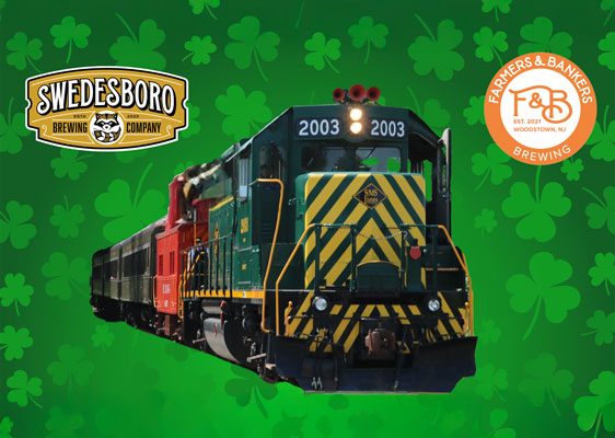 St Patricks day brew to brew - image of train with clovers behind the train with brewery logos